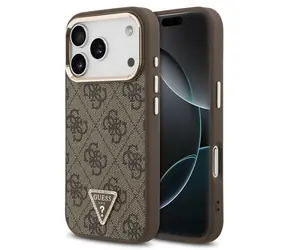 Guess PU Leather 4G Strass Triangle Logo Gold Frame Brown / Tylna obudowa / MagSafe / iPhone 18 Pro
