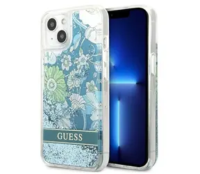 Guess Płynny brokat Kwiat Apple iPhone 13 mini zielony / Etui / Płynny brokat z motywem kwiatowym