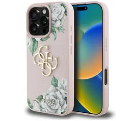 Guess Grained Roses Big 4G Logo różowe / Tylna obudowa / iPhone 16 Pro Max