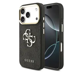 Guess PU Leather 4G Metalowa ramka z Logo w kolorze złotym, czarna / Tylna obudowa / iPhone 18 Pro