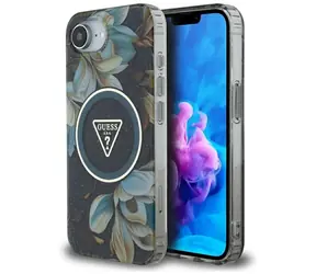 Guess IML Metal Glitter Flowers Triangle Black / Etui / iPhone 16e / MagSafe