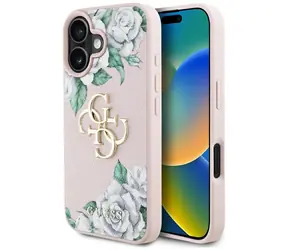 Guess Grained Roses 4G Logo różowe / Tylna obudowa do Apple iPhone 16 / Skóra ekologiczna