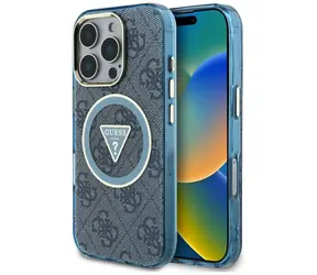 Guess IML Metal Glitter 4G Circle Triangle niebieski / Tylna obudowa / MagSafe / iPhone 16 Pro