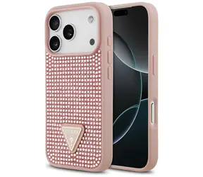 Guess Rhinestone Triangle Logo różowe / Etui na Apple iPhone 17 Pro / Z kryształkami