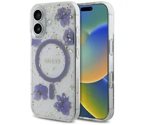 Etui MagSafe Guess Resin Flowers Glitter do iPhone'a 16 w kolorze fioletowym / Etui / MagSafe / Brokat