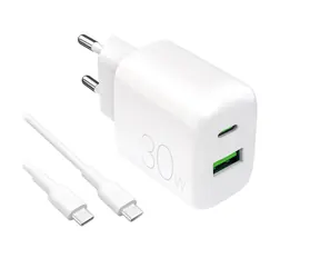 Puro PRO LITE biały / Ładowarka sieciowa / USB-A + USB-C / PD 30 W / Kabel USB-C-USB-C 1,2 m