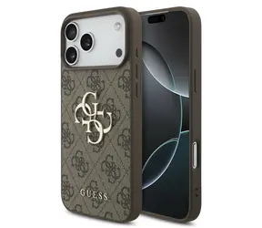 Logo Guess PU 4G z metalu do iPhone'a 18 Pro, brązowe / Tylna obudowa / Skóra syntetyczna / Logo z metalu