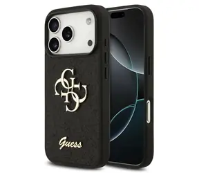 Logo Guess PU FIXED Glitter 4G Metal do iPhone'a 18 Pro, czarne / Tylna obudowa / Powierzchnia z brokatem / Logo z metalu