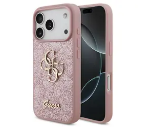 Guess PU FIXED Glitter 4G Metalowe Logo różowe / Tylna obudowa do iPhone'a 18 Pro / Brokatowy wzór, metalowe Logo