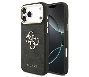 Guess PU Leather 4G Metalowa ramka z Logo w kolorze złotym, czarna / Tylna obudowa / iPhone 18 Pro Max