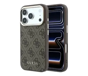 Guess PU Leather 4G Gold Frame na iPhone'a 18 Pro brązowe / Tylna obudowa / MagSafe / Apple iPhone 18 Pro
