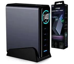 Ładowarka 3mk InCharge Lumin Desktop 140W czarna / Ładowarka / GaN3 / Wyświetlacz TFT / 1x USB-A + 4X USB-C / PD3.2 / QC5