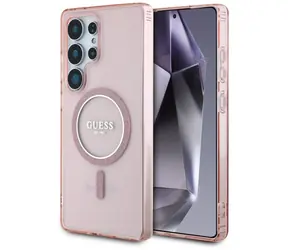 Guess Glitter Circle Classic Logo MagSafe różowy / Tylna obudowa / Samsung Galaxy S25 Ultra