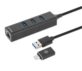 Hub Manhattan Combo USB-C/USB-A z adapterem LAN czarny / Hub USB / 3x USB-A 3.2 Gen 1 / Gigabit LAN / 5 Gb/s