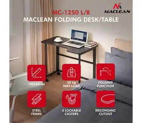 Maclean MC-1250 L/B czarny / Stół składany / mobilny / 100x65 cm / narożny, kształt litery L / nośność 50 kg