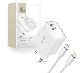 Tech-Protect C35W biały / Ładowarka / 2x USB-C PD 35W / Kabel USB-C - Lightning