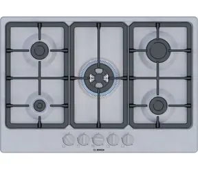 BOSCH Serie 4 PGQ7B5K90 stal nierdzewna / Płyta gazowa / 75 cm / 5 palników / żeliwne podstawki pod garnki