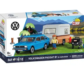 Zestaw konstrukcyjny Cobi 24643 Volkswagen Passat B1 z przyczepą kempingową / 1:35 / 361 elementów / 2 figurki