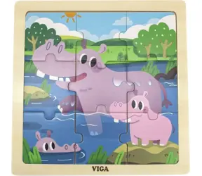 VIGA Drewniana układanka Hipopotamy / 9 elementów / 19,5 x 19,5 cm