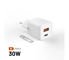 FIXED Mini biały / Ładowarka ścienna / GaN / USB-C + USB-A / 30 W / PD3.0