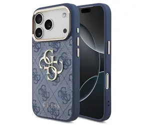 Guess PU Leather 4G Metalowa ramka z Logo w kolorze złotym, niebieska / Tylna obudowa / iPhone 18 Pro