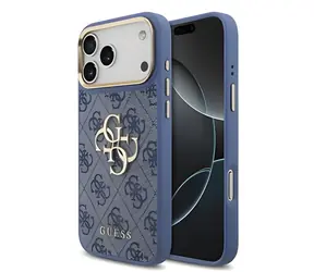 Guess PU Leather 4G Metalowa ramka z Logo w kolorze złotym, niebieska / Tylna obudowa / iPhone 18 Pro Max