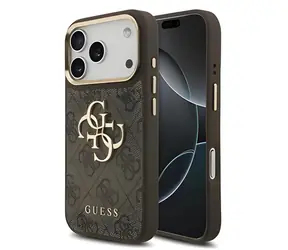 Guess PU Leather 4G Metalowa ramka z Logo w kolorze złotym, brązowa / Tylna obudowa / iPhone 18 Pro