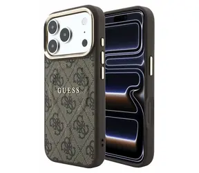 Guess PU Leather 4G Złota ramka tłoczona na brązowo / Tylna obudowa / MagSafe / Apple iPhone 18 Pro Max