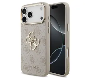 Guess PU Leather 4G Metalowa ramka z Logo w kolorze złotym różowa / Tylna obudowa / iPhone 18 Pro Max