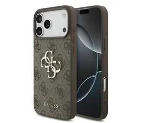 Logo Guess PU 4G z metalu do iPhone'a 18 Pro Max brązowe / Tylna obudowa / Skóra syntetyczna / Logo z metalu