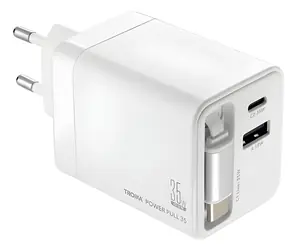 Troika POWER PULL 35 biały / Ładowarka / GaN / USB-C + USB-A / 35W PD / zwijany kabel USB-C
