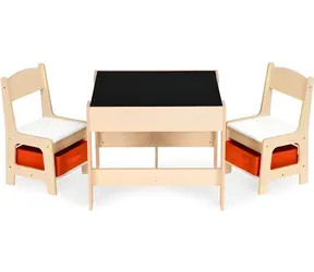 ECOTOYS Stolik dziecięcy drewniany z dwoma krzesłami Naturalny / Meble dziecięce / Płyta MDF z tablicą i schowkami