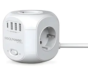 RealPower PowerBox 431 biały / Kostka rozszerzająca / 4X 230V / 3x USB-A / USB-C / 1,8 m
