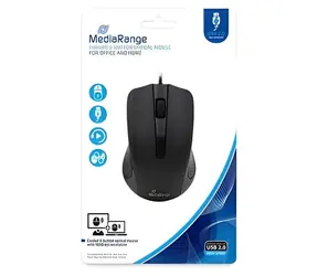 MediaRange MROS210 czarna / Mysz optyczna / 1000 DPI / USB / 3 przyciski / 1,5 m