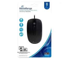 Przewodowa mysz optyczna MediaRange , czarna / Mysz / 1000 DPI / 3 przyciski / USB / 1,5 m