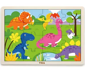 VIGA Drewniana układanka Dinozaury / 16 elementów / z ramą / 27,5 x 20 cm