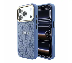 Guess PU Leather 4G Gold Frame Embossed iPhone 18 Pro Max niebieskie / Tylna obudowa / MagSafe / Apple iPhone 18 Pro Max