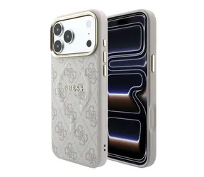 Guess PU Leather 4G Złota ramka tłoczona na różowo / Tylna obudowa / MagSafe / iPhone 18 Pro