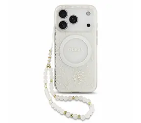 Pasek Guess IML Flowers Allover do iPhone'a 18 Pro, biały / Tylna obudowa / MagSafe