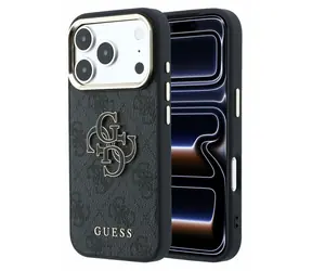 Logo Guess PU 4G z żywicy metalowej do iPhone'a 18 Pro czarne / Tylna obudowa / Skóra syntetyczna / Metalowe Logo