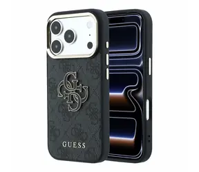 Logo Guess PU 4G z żywicy metalowej na iPhone'a 18 Pro Max czarne / Tylna obudowa / Sztuczna skóra / Metalowe Logo