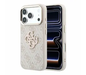 Logo Guess PU 4G z żywicy metalowej do iPhone'a 18 Pro różowe / Tylna obudowa / Skóra syntetyczna / Metalowe Logo