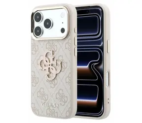 Logo Guess PU 4G z żywicy metalowej do iPhone'a 18 Pro Max różowe / Tylna obudowa / Skóra syntetyczna / Metalowe Logo