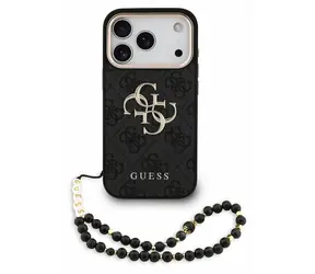 Pasek Guess PU 4G z metalowym Logo do iPhone'a 18 Pro czarny / Tylna obudowa / Skóra syntetyczna / Metalowe Logo