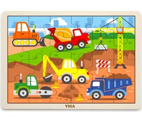 VIGA Puzzle drewniane Maszyny budowlane / 24 elementy / Drewniana plansza z ramą