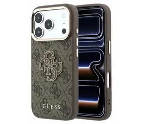 Logo Guess PU 4G z żywicy metalowej na iPhone'a 18 Pro brązowe / Tylna obudowa / Skóra syntetyczna / Metalowe Logo