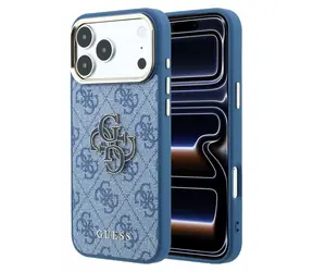 Logo Guess PU 4G z żywicy metalowej na iPhone'a 18 Pro niebieskie / Tylna obudowa / Sztuczna skóra / Metalowe Logo