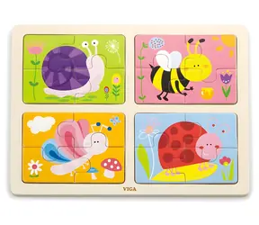VIGA Puzzle drewniane Zwierzęta z łąki / 4x4 elementy / drewno / od 18 miesięcy