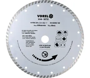 Tarcza diamentowa tnąca Vorel Turbo 230x22,2x2,4 mm / Cięcie na mokro i na sucho / maks. 6500 obr./min