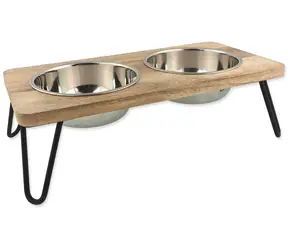 DOG FANTASY Miski ze stali nierdzewnej z drewnianym stojakiem / 2 x 850 ml / Nogi żelazne